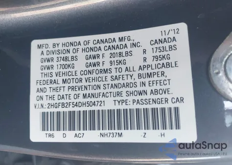 2013 Honda Civic Lx из США, поврежденный, VIN 2HGFB2F54DH504721